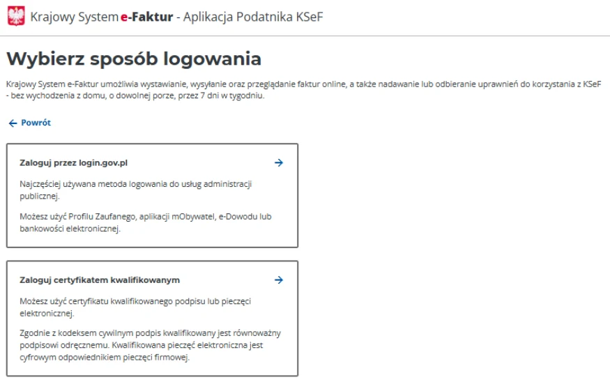 Logowanie do KSeF: wybór login.gov.pl lub certyfikatu kwalifikowanego