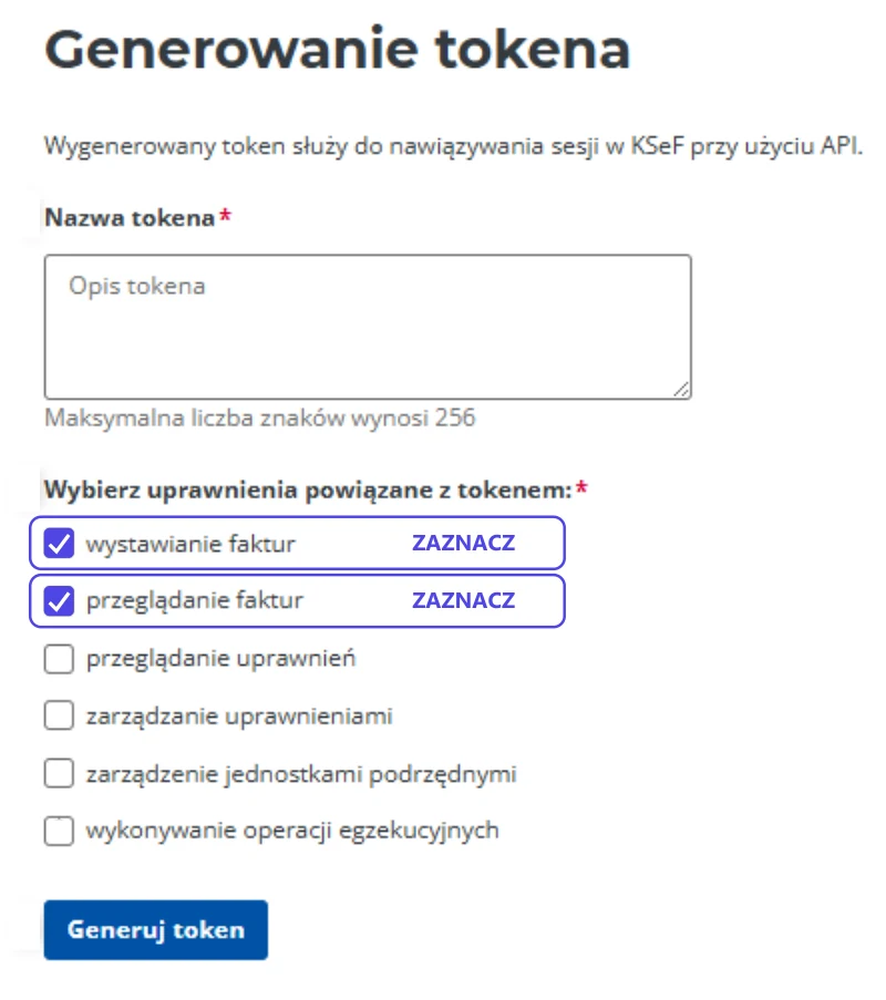 Generowanie tokena KSeF: zaznaczone wystawianie faktur i przeglądanie faktur, pozostałe pola puste